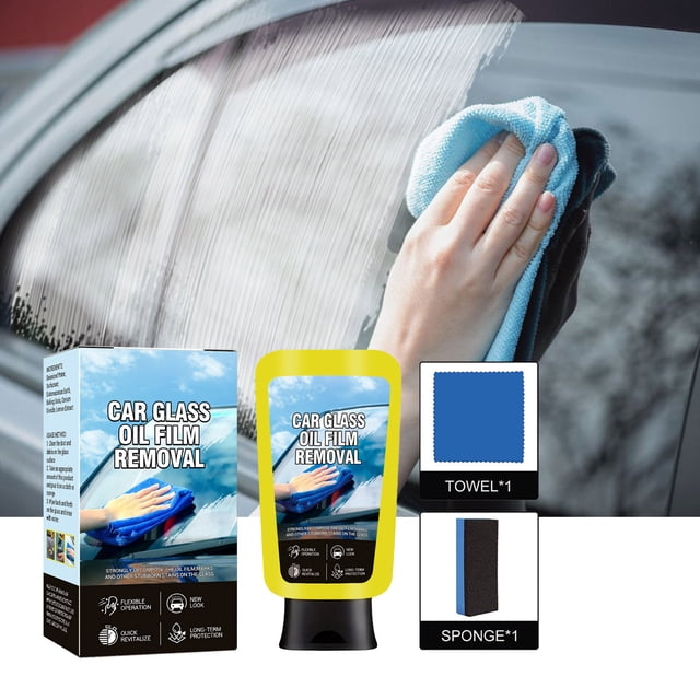 JZCHUNTOY Car Oil Film Cleaning Kit, 1Pc Cleaning Cream 1Pc Sponge 1Pc Cleaning Cloth, Fast Remove Stubborn Stains Windshield Cleaner, Car Care Tool for Auto Glass Window Cleaning