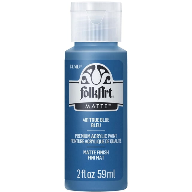 Folkart Matte Acrylic Craft Paint, 2 fl. oz., True Blue, a small bottle with a matte finish blue label featuring the FolkArt logo and product text, ideal for acrylic painting on wood, canvas, paper, and other craft surfaces.