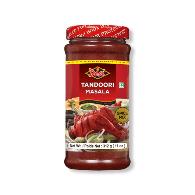 DESI TANDOORI MSL jar of tandoori masala spice mix with a red label featuring cooked tandoori chicken garnished with sliced onions and green chilies, net weight 312 g (11 oz), sealed red lid, suitable for authentic Indian and South Asian cooking and marinades.