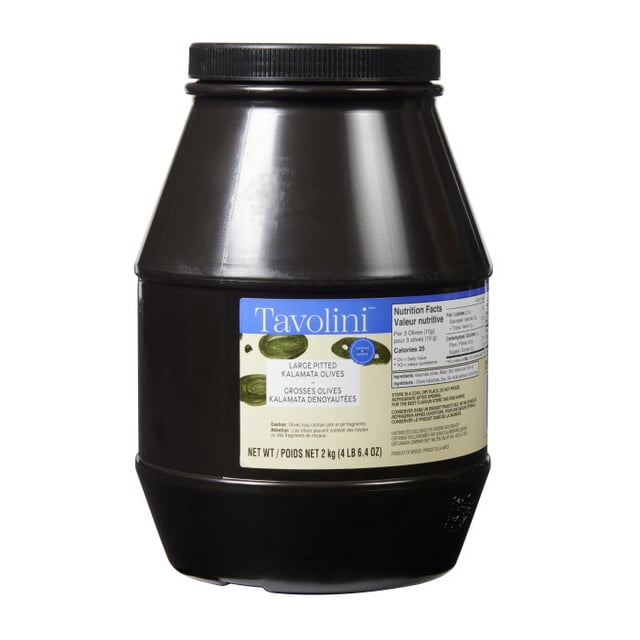 Tavolini Premium Large Pitted Kalamata Olives in a 2kg (4.41 lbs) container. The jar is black with a blue and beige label featuring the Tavolini brand logo, product name, and nutritional information. Suitable for use in salads, appetizers, or as a topping.