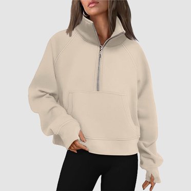 Huaizzzy Womens Sweatshirts Half Zip Cropped Pullover Quarter Zipper Hoodies Fall Outfits Clothes Thumb Hole Asymmetric Zip Jacket Women Fashion Top Light Hoodies Women Full Zip Workout Top Winged