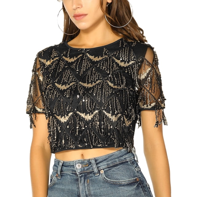 INSPIRE CHIC Women's Metallic Pattern Short Sleeves Party Crop T-Shirt L Black