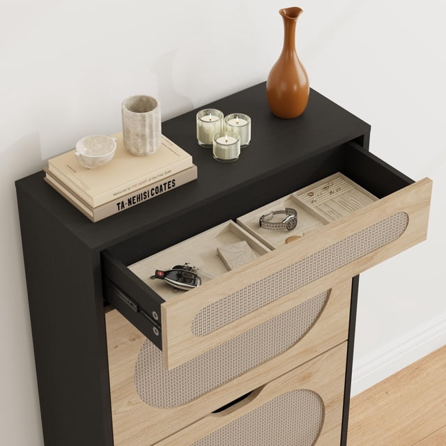 GloryStar Rattan Shoe Cabinet with 2 flip drawers and 1 pull-out drawer, designed for entryway furniture. The cabinet features a black wood frame, natural rattan oval accents, and adjustable shelves for versatile storage. The pull-out drawer is open, displaying organized compartments for accessories like keys and jewelry. Rust-resistant metal legs provide stability, while the hollow design promotes ventilation. Decorative items, including candles and a vase, are arranged on the top surface.
