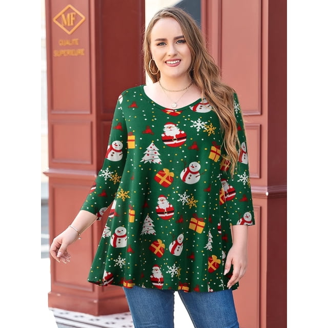 LARACE T-Shirts de Noël pour Femmes à Manches 3/4 pour Femmes Col Rond Crochet Amples Décontractés Chemises Blouses Hauts Flower45 1X