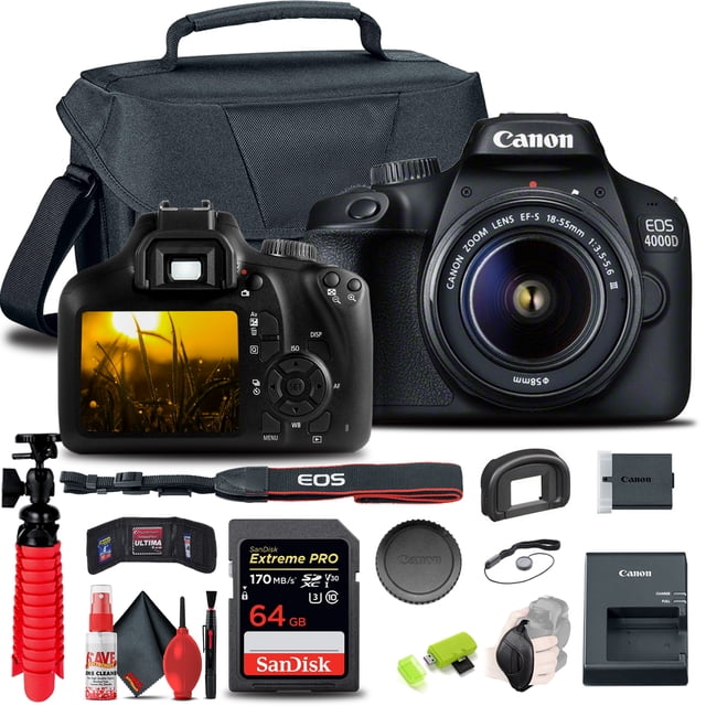 Canon EOS 4000D / Rebel T100 Appareil Photo Reflex Numérique avec Objectif 18-55mm + Carte 64 Go + Plus (Modèle International)