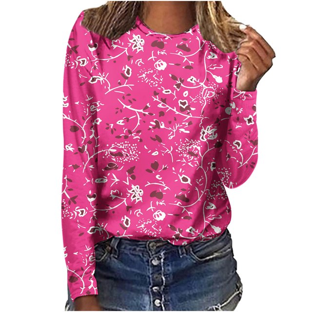 Pompotops Femmes Dames Col Rond Hauts Amples Décontractés T-Shirts Imprimés Blouse à Manches Longues en Solde