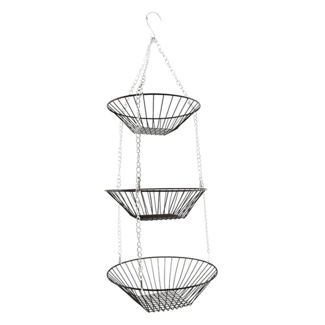 Hanging Fruit Baskets for Kitchen Storage Tools Three-Layer Fruit Hanging Basket made of durable iron with a hollow design. The black metal basket features three tiers connected by chains, allowing for easy disassembly into one, two, or three layers. Suitable for storing fruits, vegetables, or other items in kitchens, dining rooms, or living spaces. Measures approximately 74 cm (29.13 inches) in height.