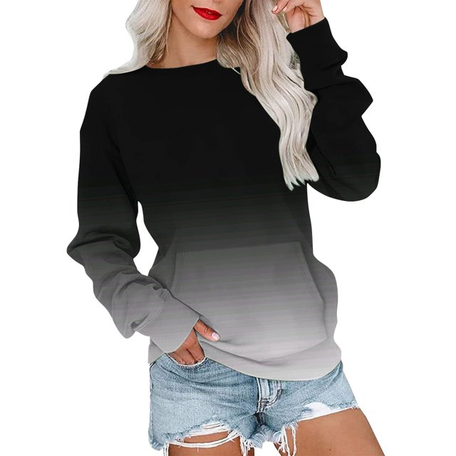 Pisexur Chandails en Molleton pour Femmes 2024 Couleur Dégradée Col Rond Chandails en Molleton Manches Longues pour Femmes Décontracté Ample Surdimensionné Chandail à Capuchon Chandail Tops Mode Vêtements d'Automne avec Poche