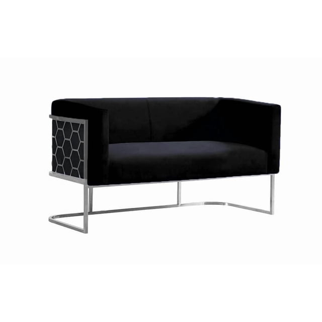 Canadian Cinderella Loveseat Black with velvet upholstery and laser-cut hexagonal detailing on the sides, supported by a sturdy metal frame base, suitable for living room seating and often used as stylish compact seating.