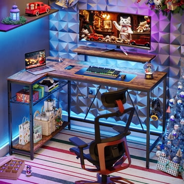 Bestier 52" Gaming Desk with LED Lights L Shaped Desk with Power Outlet & Monitor Stand Corner Computer Desk in Rustic
