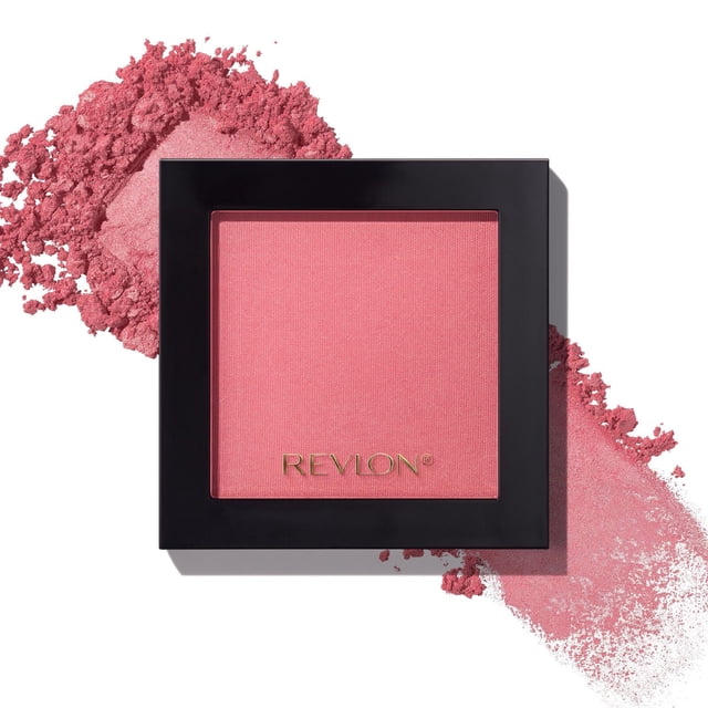 Revlon Powder Blush, Silky, Buildable Colour in a square black compact with smooth pink powder and loose powder scattered around on white background, suitable for natural, buildable cheek colour.