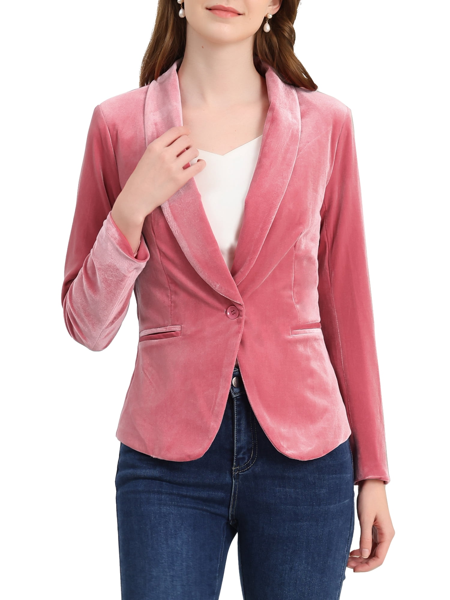 INSPIRE CHIC Women's Halloween Velvet Blazer Solid Color Shawl Collar One Button Wear-to-Work Suit Jacket Pink L