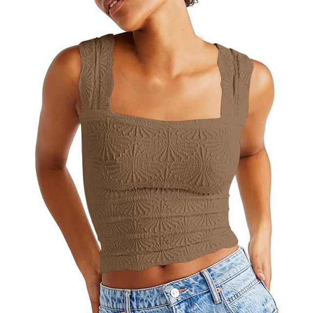 LSLJS Womens Summer Solid Tank Tops Neck Crop Tops Flower Spring Going Out Tops Slim Crop Cami Wide Straps Sleeveless Shirts Top, Womens Tank Tops