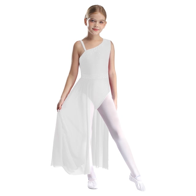 RUNQHUI Jupe Longue en Tulle Brillante Sans Manches pour Filles, Robe de Danse, Blanche 8