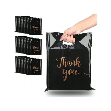 Thank You Shopping Bags, 20pcs Retail Plastic Bags For Small Businesses, 12x15 Inches Reusable Ultra Thick 4 Mil Black Thank You Bags With Handles, Id