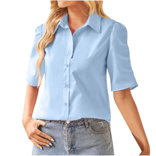 Birdeem Womens Solid Color Short-Sleeve Loose Shirt Button V-Neck Solid Color Pleated Top