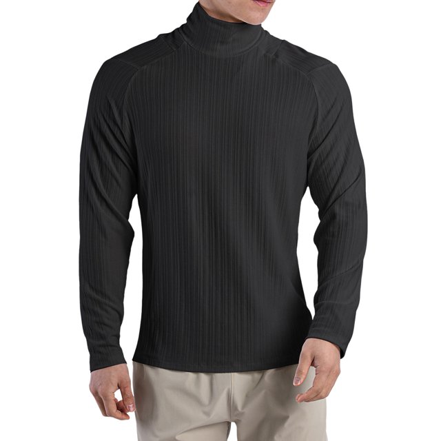 LUOGENLI Male T-shirts for Mens Men's High Neck T Shirt Pleated Textured Loose Long Sleeved Inner Bottom Shirt Men's Stretch Solid Color High Neck Tops Black XL