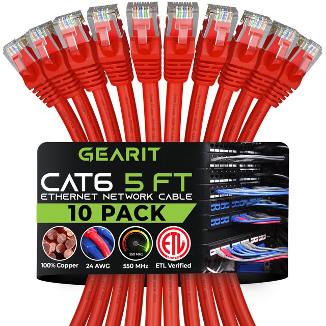 GearIT Cat 6 Ethernet Cable 5 ft (10-Pack) - Cat6 Patch Cable, Cat 6 Patch Cable, Cat6 Cable, Cat 6 Cable, Cat6 Ethernet Cable, Network Cable, Internet Cable - Red 5 Feet