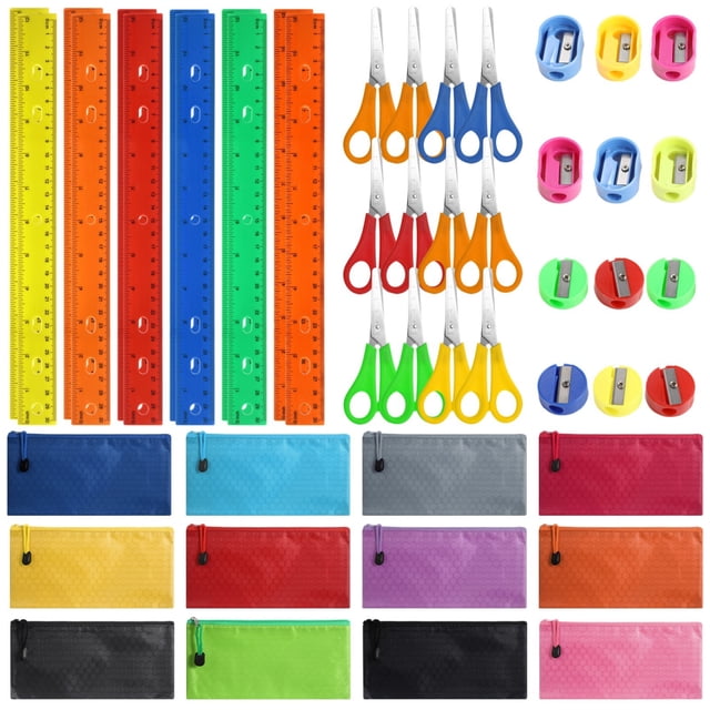 Back to School Supply Kit, 48 Pcs School Classroom Backpack Essentials, School Supplies Set with Pencil Pouches, Plastic Rulers, Safety Scissors, and Pencil Sharpeners