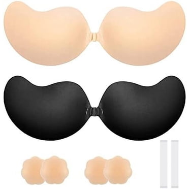 Adhesive Bra Strapless Sticky Invisible Push up Silicone Bra for Backless Dress with Nipple Covers Sticky Bra (C Cup, Nude&Black)