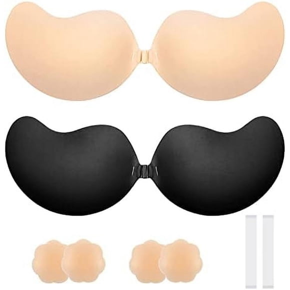 Adhesive Bra Strapless Sticky Invisible Push up Silicone Bra for Backless Dress with Nipple Covers Sticky Bra (C Cup, Nude&Black)