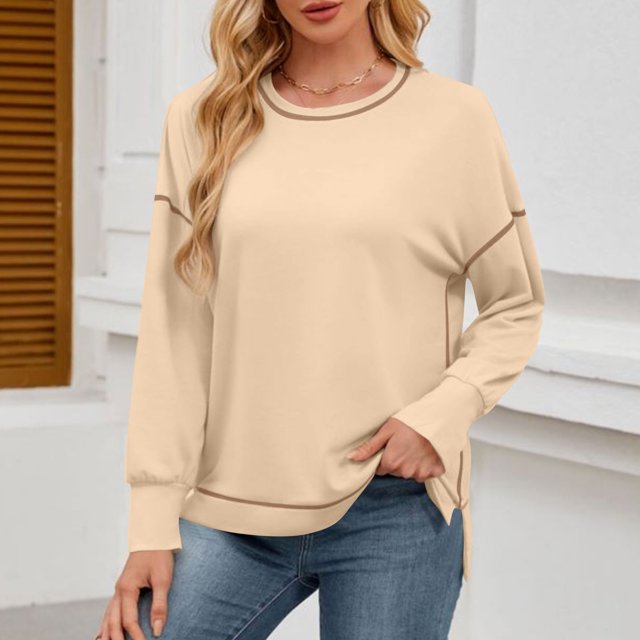 TACILIP Chandails à Col Rond pour Femmes, Hauts à Enfiler, Chemises à Manches Longues, Fente Latérale, Tenues Décontractées d'Hiver et d'Automne