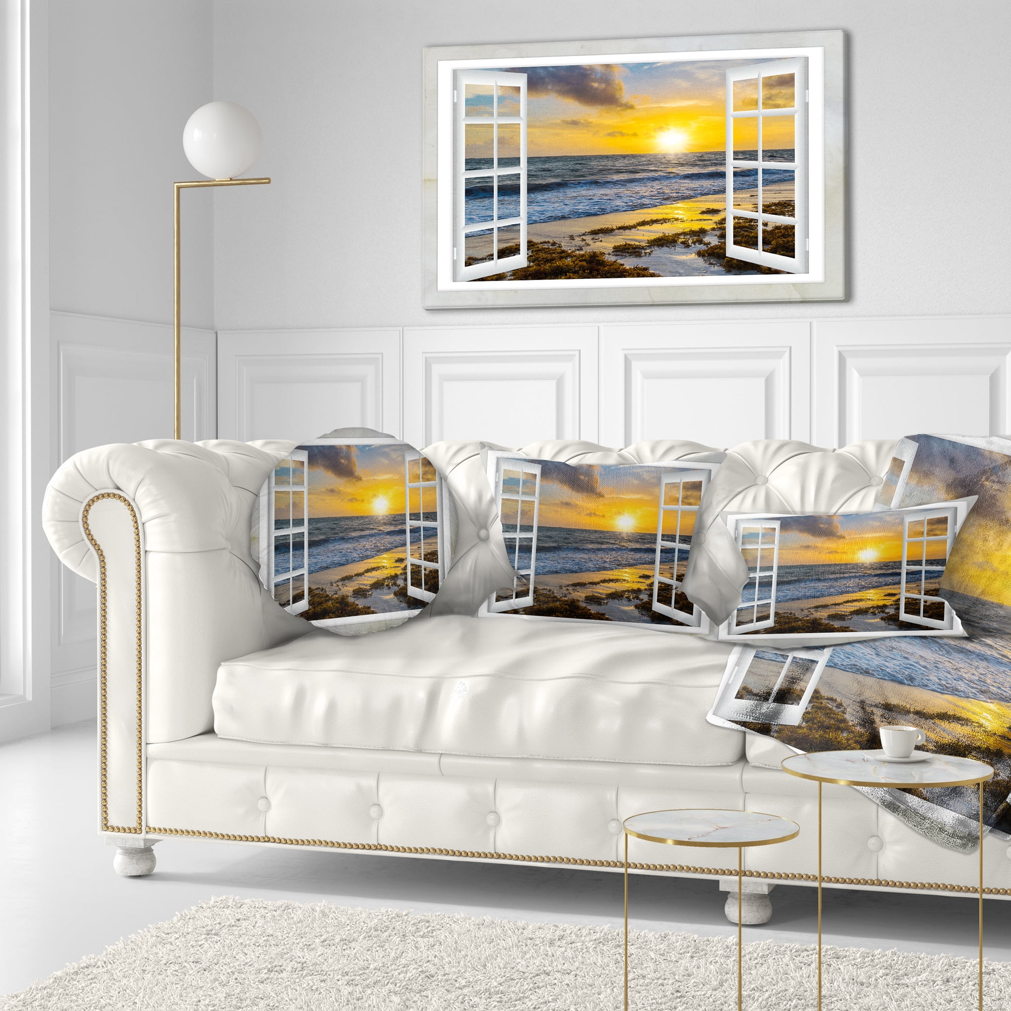 Tableau sur toile imprimée Design Art Paysage marin moderne Couchée de soleil jaune brillant à travers une fenêtre