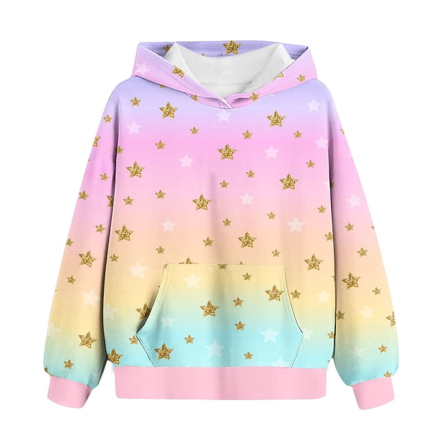 Zwiiyzr 2025 Grand Chandail à Capuche pour Fille, T-Shirt à Manches Longues, Col Rond Imprimé, Adapté aux Filles de 4 à 14 Ans, Chandail à Capuche Multicolore