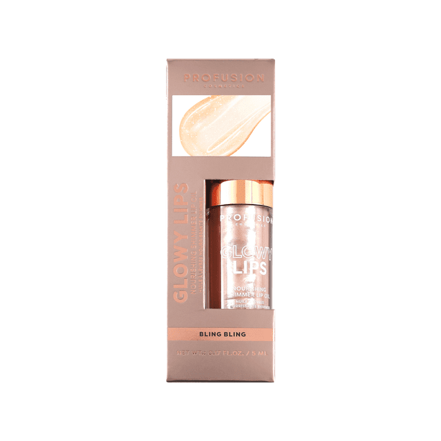 Glowy Lips - Huile pour Lèvres Bling Bling Nourrissante Scintillante par Profusion Cosmetics en Bouteille Transparente de 5 ml avec Bouchon rose Doré, Emballée dans une Boîte rose Doré Présentant un swatch Scintillant et une Marque de Produit, Convient pour Hydrater et Ajouter une Brillance Lustrée aux Lèvres.