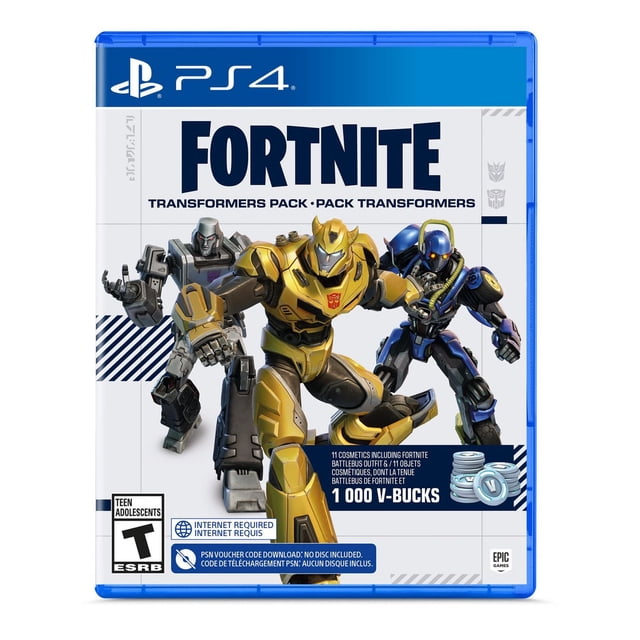 Fortnite - Transformers Pack Code in Box (PS4) displaying three Transformer character outfits in yellow, gray, and blue, including 11 cosmetics and 1,000 V-Bucks for PlayStation 4 action and adventure gaming.