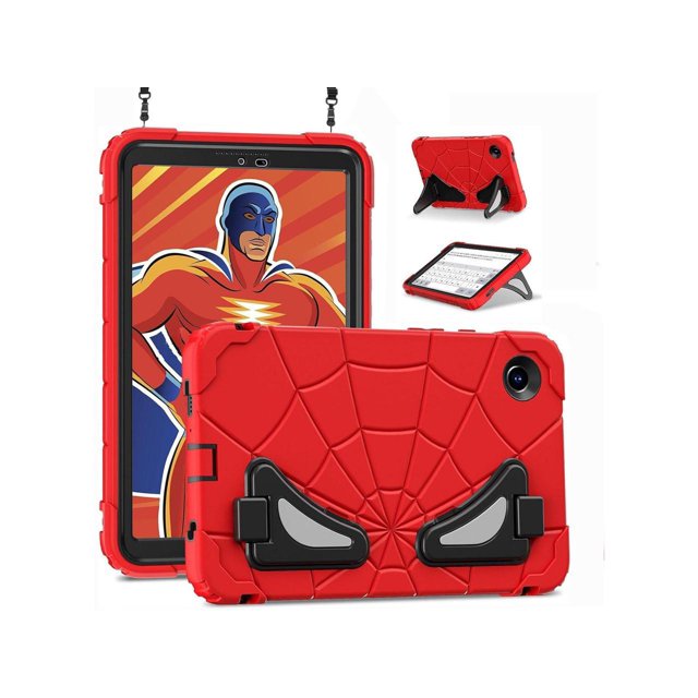 Case for Samsung Galaxy Tab A9 8.7 Inch 2023 Model SM-X110/X115/X117, rugged shockproof cover with spider web design in red. Features precise cutouts for buttons, ports, and camera, a durable multi-angle stand, and an adjustable shoulder strap for easy carrying. Designed with three-layer protection including thickened silicone corners for durability, ideal for kids and everyday use.