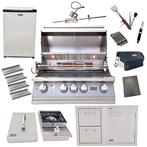 Lion Gril au Gaz Naturel de 32 Pouces L75000 avec 4 Tubes en Céramique avec Plateau à Flammes et Ensemble Porte et Tiroir et Brûleur Latéral Simple et Réfrigérateur et Ensemble d'Outils BBQ 5 en 1 Forfait Gastronomique « Best of Backyard »