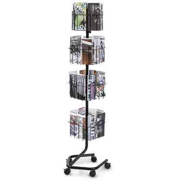 VEVOR Brochure Display Rack, 4-Tier 32 Pockets Rotating Magazine Literature Display Stand for Postcards, 360° Spinning Greeting Cards Rack with 5 Wheels (2 Lockable)