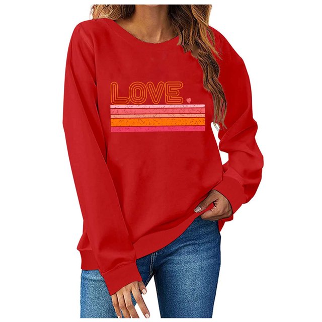 TIMIFIS Chandail Molletonné Surdimensionné pour Femmes Valentines Day Tenue Femmes Décontractée Chandail à Col Rond à Enfiler Hauts Mignon Imprimé Amour Chandail à Manches Longues Chemise - Printemps/été