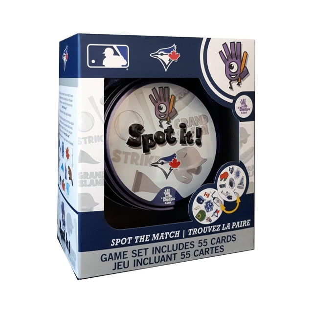Masterpieces Puzzle Company Toronto Blue Jays Spot It! MLB Card Game in a blue and white box featuring MLB and Toronto Blue Jays logos, containing 55 cards with baseball-themed symbols for family-friendly matching gameplay suitable for ages 7 and up.