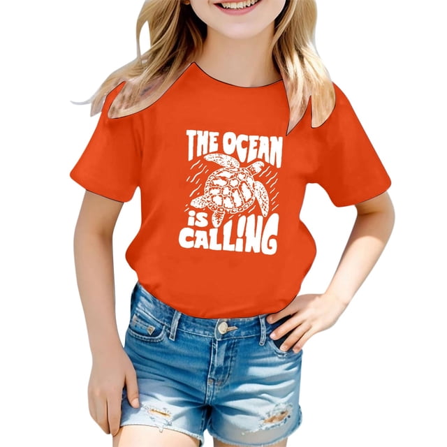 Hauts Courts pour Enfants 9-10 Vêtements pour Filles pour Jeunes Filles T-Shirt Décontracté pour Enfants Motif de Lettres Imprimé Multicolore Col Rond Manches Courtes