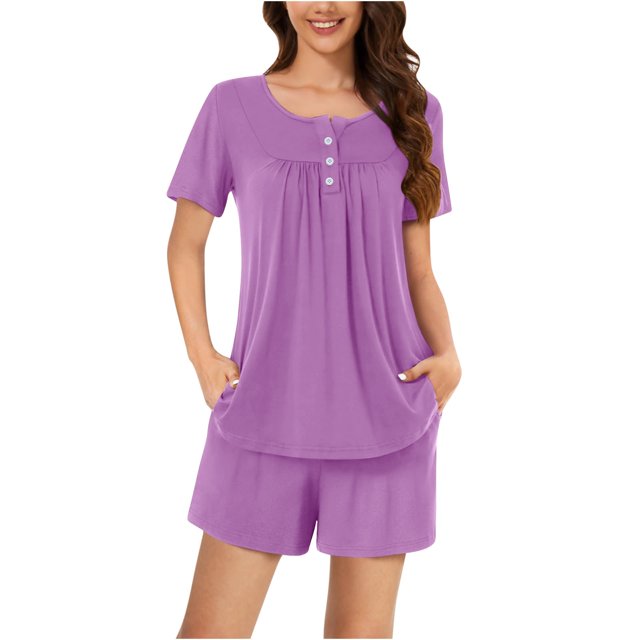 AherBiu Ensembles de Pyjama pour Femmes 2 Pcs Boutons Col Rond Hauts Ensemble de Pjs Shorts Confortables Vêtements de Nuit Vêtements de Nuit