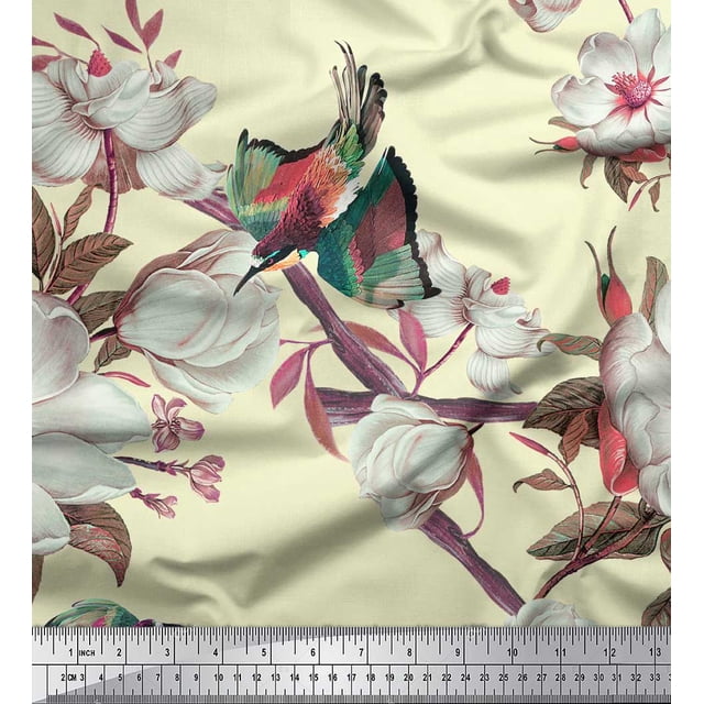 Soimoi Yellow Velvet Fabric Floral & Bird Print Fabric by Yard 60 Inch Wide