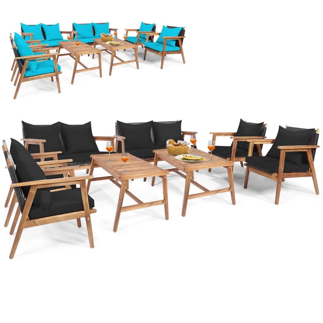 Gymax 8PCS Patio Conversation Set Wood Frame Furniture Set w/ Turquoise & Black Cushions