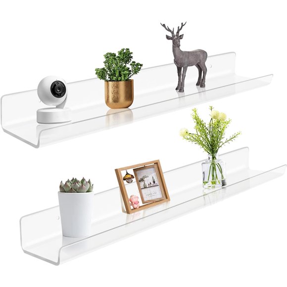 ROYALITA Étagères Murales Flottantes en Acrylique de 24 Pouces, Ensemble de 2, Étagères Murales d'Exposition pour Plantes, Étagères Murales Flottantes pour Déco de Pièce pour Salle de Jeux, Chambre, Salon, Bureau, Transparent