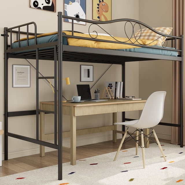 Garvee Twin Size Metal Loft Bed, Ladder & Guardrail, Heavy Duty, 400lbs Capacity, No Box Spring, Easy Assembly, Black, Stylish Loft Bed