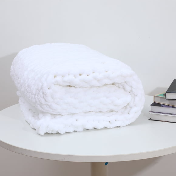VIFUUR Handmade Knitted Chunky Knit Blanket Chenille Throw Warm Soft Cozy, 50"x60", White
