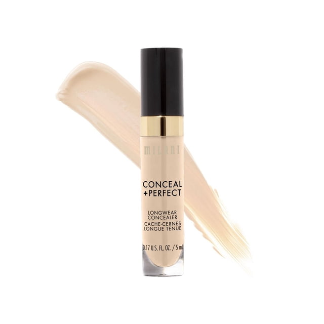 Milani Conceal + Perfect Longwear Concealer in a clear tube with black cap and gold band, containing beige full-coverage liquid concealer, shown with a beige swatch behind on white background, 5 ml size, hydrating formula ideal for covering blemishes and under-eye circles.