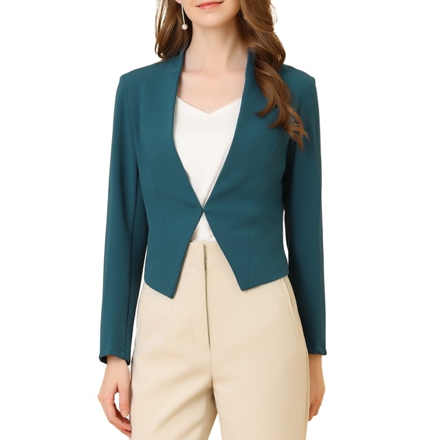 INSPIRE CHIC Blazer de Travail de Bureau pour Femme Sans Col Veste de Complet d'Affaires Décontractée Blazer Court G Bleu Paon