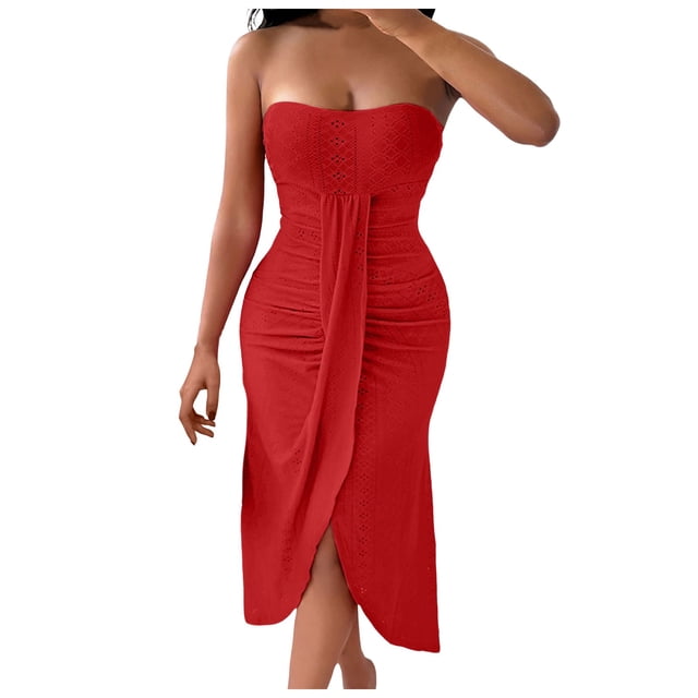 XDZJLR Robes pour Femmes Couleur Unie Sans Bretelles Ajustée Ourlet Irrégulier Robe de Loisirs