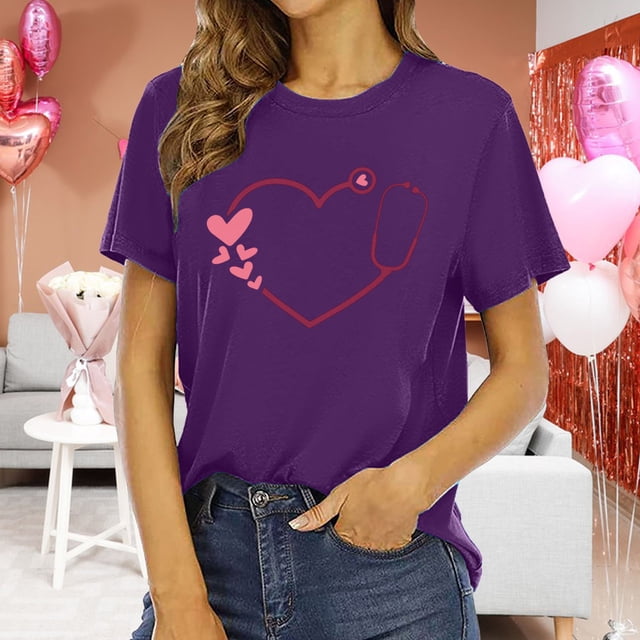 Chandails de la Saint-Valentin pour Femmes Col Rond Manches Courtes Mode T-Shirt à Imprimé Cœur Ample Léger Confortable Doux Chandail à Enfiler Ensembles Violet G