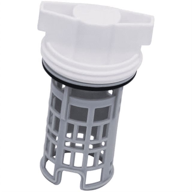 DC97-16991A Filtre de Pompe de Vidange pour Laveuse, Filtre de machine à Laver compatible avec des Modèles comme WF42H5000AW et WF42H5000AW/A2. Fabriqué en Plastique durable, Il Présente un Capuchon Blanc et un Corps en Maille Grise pour Filtrer les Charpies et les Débris Lors du drainage de la Lessive, Idéal pour l'Entretien de l'Appareil.