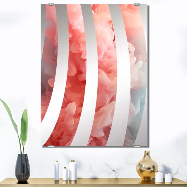 Designart 'Radiant Pink Polar Smoke I' Abstract Oversized Wall Mirror with pink and blue smoke patterns, ideal as modern wall decor. Features a 1-inch mounting frame for a floating artwork effect and explosion-proof film for safety. Includes drywall anchors and screws for easy installation. Perfect for living rooms, entryways, or bathrooms.