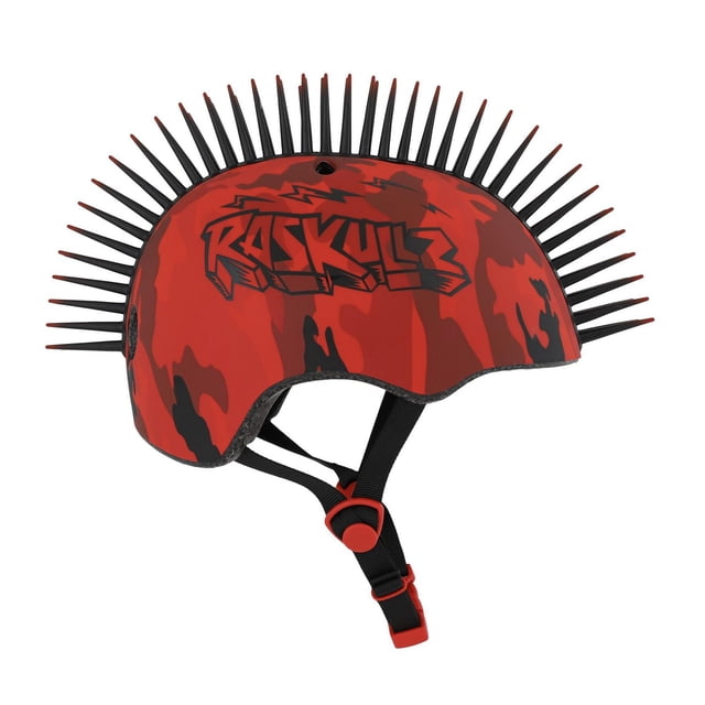 Raskullz 3D Sarge Child Helmet with red camo print and black flexible 3D mohawk spikes, adjustable black straps with red buckle, fits head sizes 50-54 cm, recommended for kids aged 5-8 for biking, scootering, or skateboarding safety.