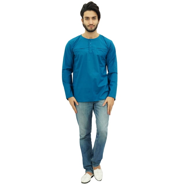 Atasi Kurta pour Homme à Col Rond en Coton, Manches Retroussables, Chemise Bleue - X-Grand